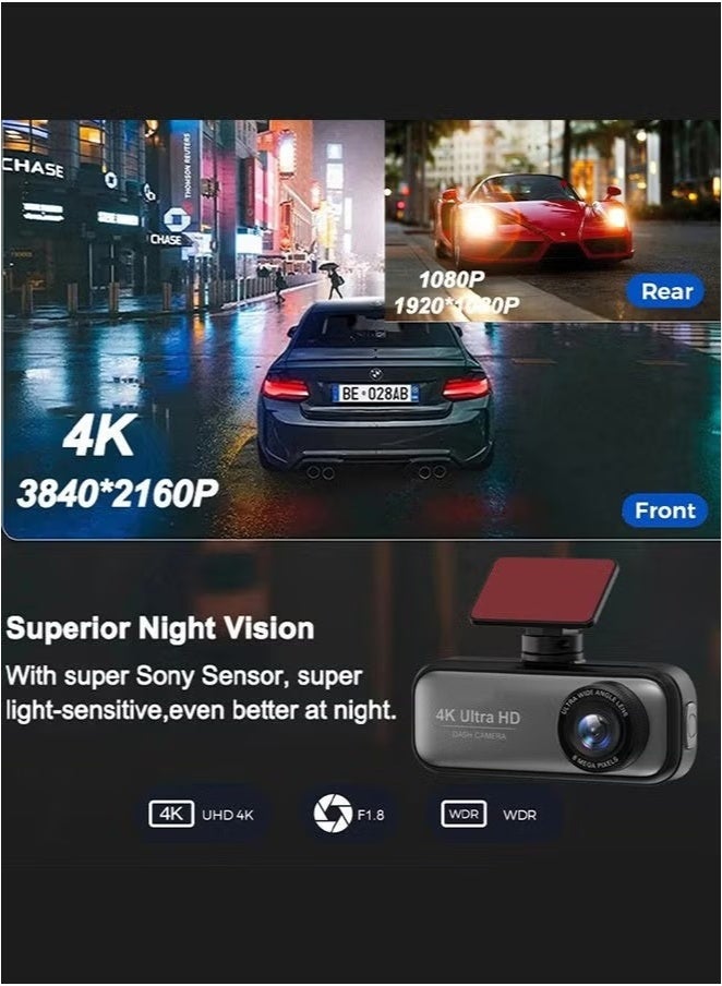 4K Dash Cam with 64GB SD Card for Car 3840*2160P Dual Lens Support 1080P Rear Camera, G-Sensor, Loop Recording, WIFI GPS 24H Parking Monitoring, Night Vision - Image 5